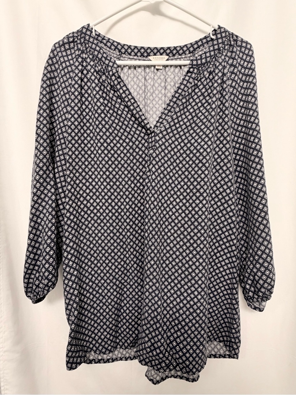 Sonoma Life + Style Navy Blue Boho Floral Print Peasant Blouse Size Medium